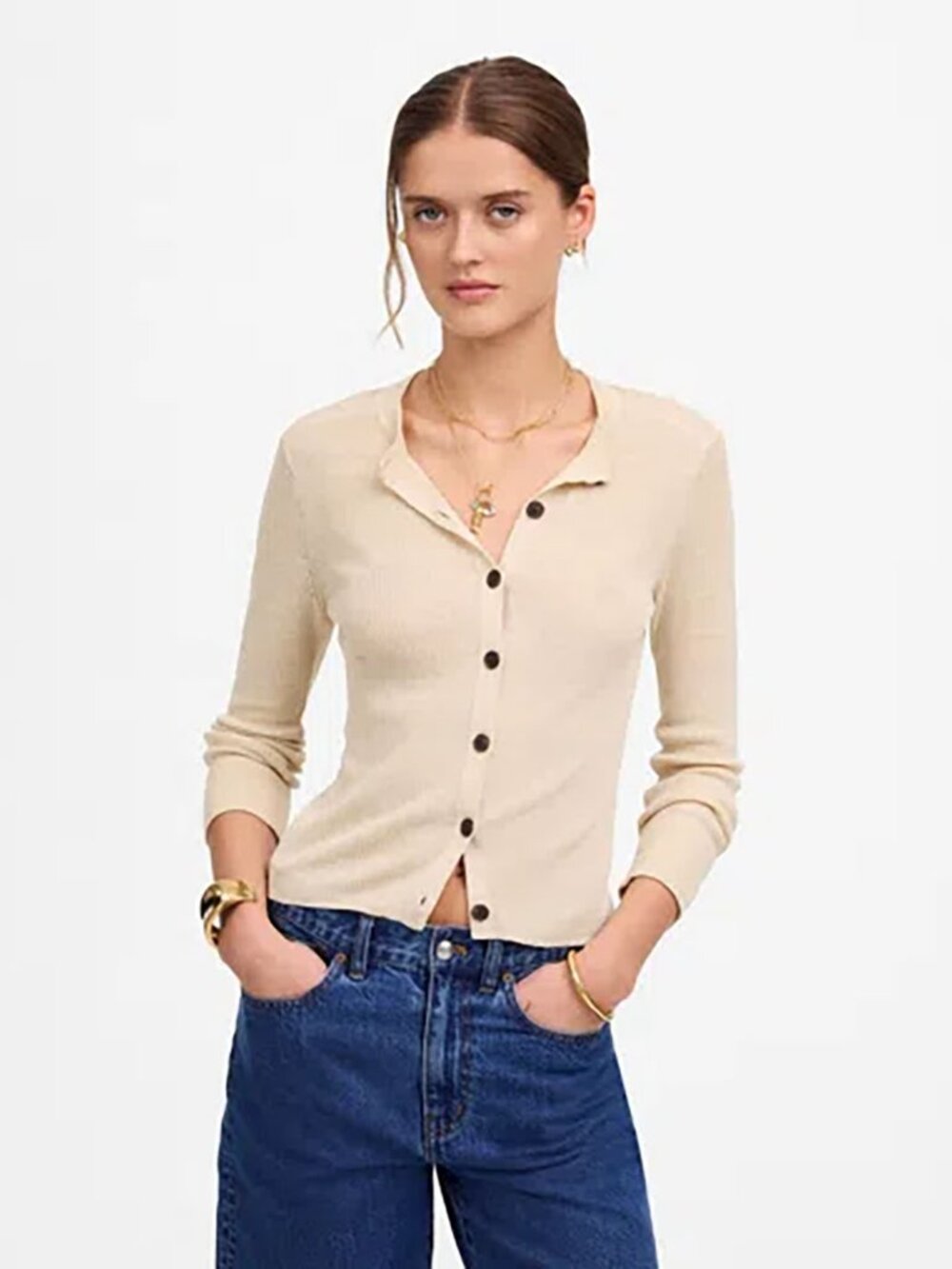 Madewell Linen Blend Crewneck Cardigan Sweater S Natural